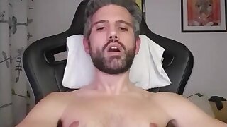 Daddy with big dick shoots his cum and makes a mess on his hot body