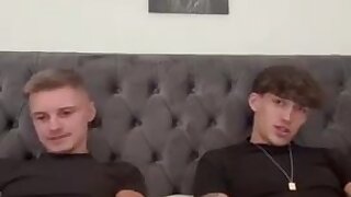 Two hot guys jerk next to each other. nipple play and cum.