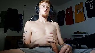 White guy jerks off in his gray boxer briefs and shoots his cum load in his room