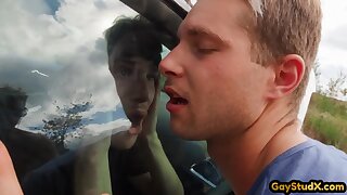 Big cock dominant jock fucks gay outdoor in front of his BF