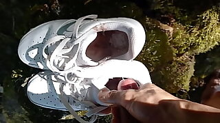 Twink jerks off his cock&comma; squirts cum in dirty smelly shoes&comma; into white sneakers&comma; Nike Air Force One AF1&comma; it's a porn video for gay feet foot fetish lovers