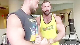 Hairy muscled buddies' flex and pit tease