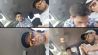 Sucking cock of handsome driver in car