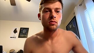 He jerks off his big white cock in his room
