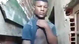 Horny black teen jerks off at an alley