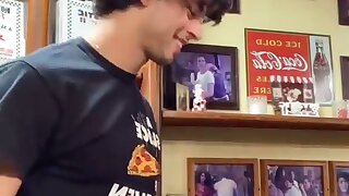 Cute chef shows off his hunky complexion in his apron. I'd let him put extra meat on my pepperoni!