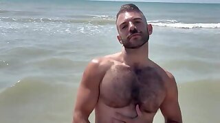 Sexy hairy body and jerk in public beach (no cum)