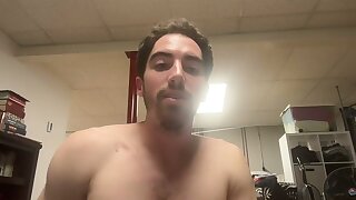 He jerks off his cock for awhile until shooting huge cum loads all over the floor