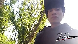 Gay boy Jon Arteen freeballing showing his dick and naked ass outdoor