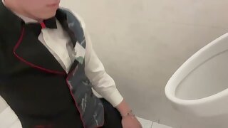 A blonde locked Slovak fag licks an urinal.