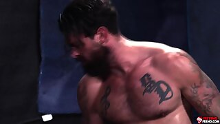 Jock Jim Fit bends over as his new master rubs him down